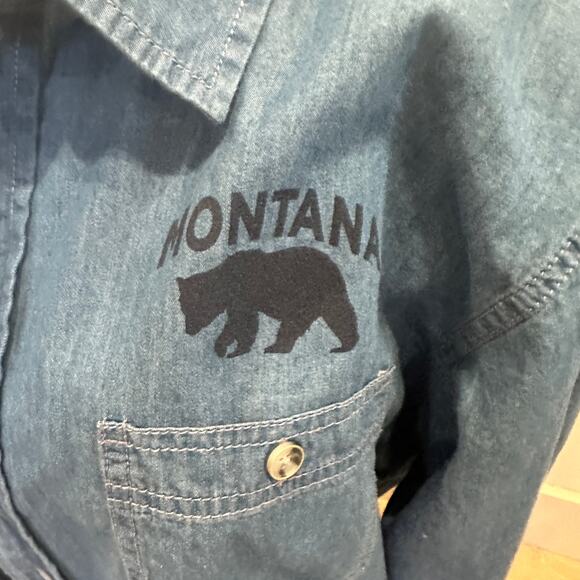 Montana State University Bobcats Denim Button Down Shirt LARGE Football Chambray - Picture 4 of 6